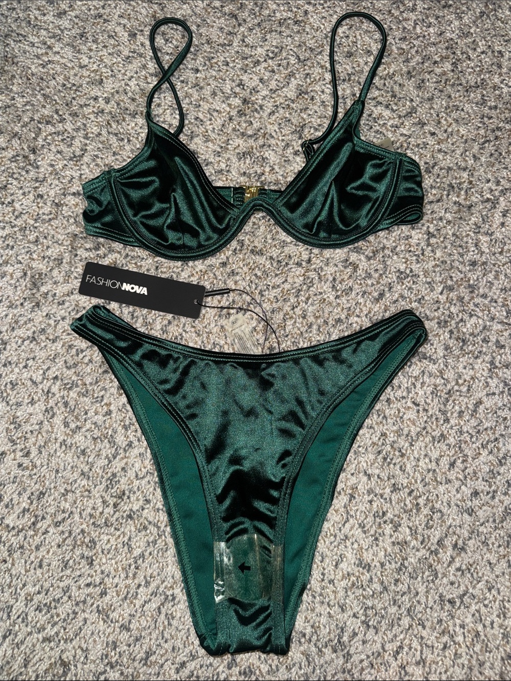 Fashion Nova Dark Emerald Satin Underwire Bikini
